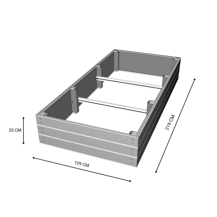 Rysunek techniczny podwyższonej grządki kompozytowej 219x109x33 cm z wymiarami.png