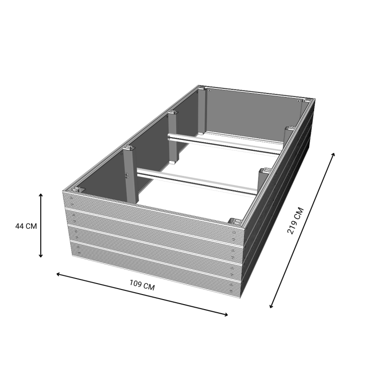 Rysunek techniczny podwyższonej grządki kompozytowej 219x109x44 cm z wymiarami.png