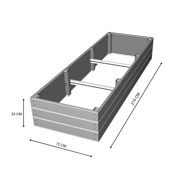 Rysunek techniczny podwyższonej grządki kompozytowej 219x72x33 cm z wymiarami.png