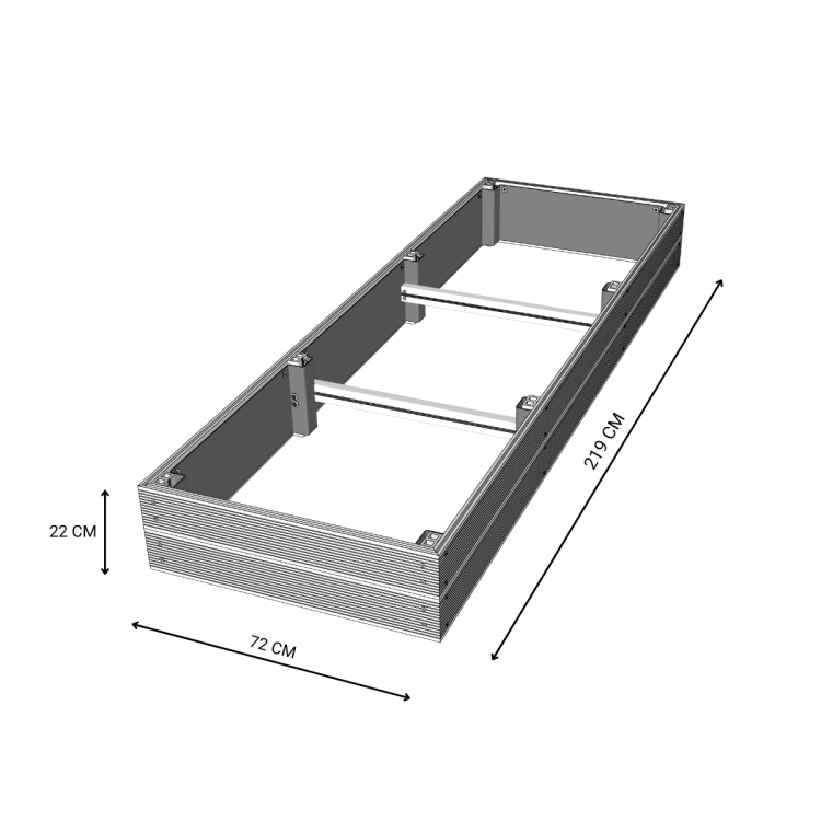 Rysunek techniczny podwyższonej grządki kompozytowej 219x72x22 cm z wymiarami.png