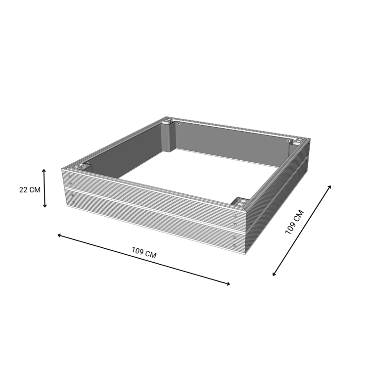 Rysunek techniczny podwyższonej grządki kompozytowej 109x109x22 cm z wymiarami.png