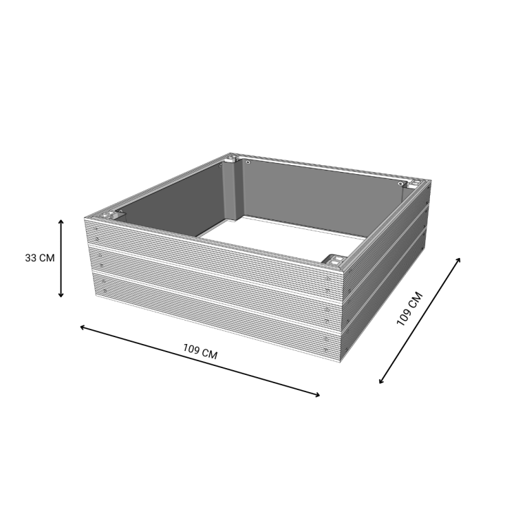 Rysunek techniczny podwyższonej grządki kompozytowej 109x109x33 cm z wymiarami.png